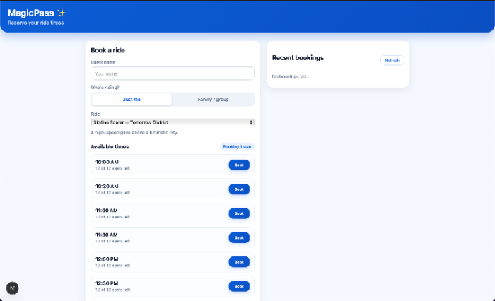 Magic Pass booking interface